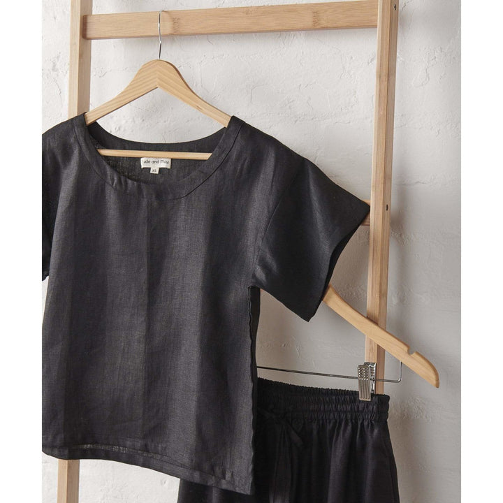 Linen Tee & Pant Set in Black - Pyjamas