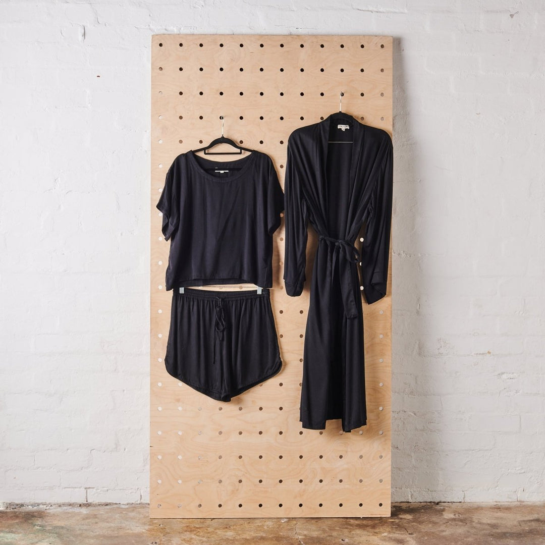 Bundle - Black Bamboo Long Robe, Boxy Tee & Short Set - Bundles