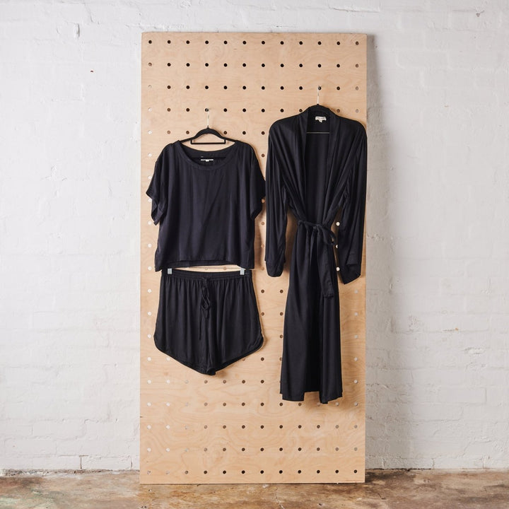Bundle - Black Bamboo Long Robe, Boxy Tee & Short Set - Bundles