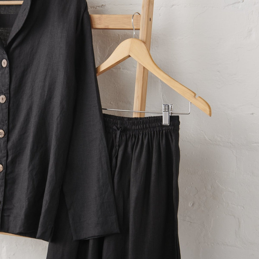 Linen Pyjama Set - Black - Pyjamas - Close up of waist band