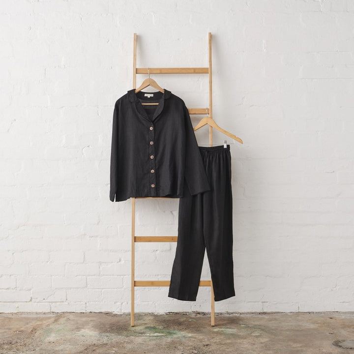 Linen Pyjama Set - Black - Pyjamas - full image of button up shirt and long pant pyjama set