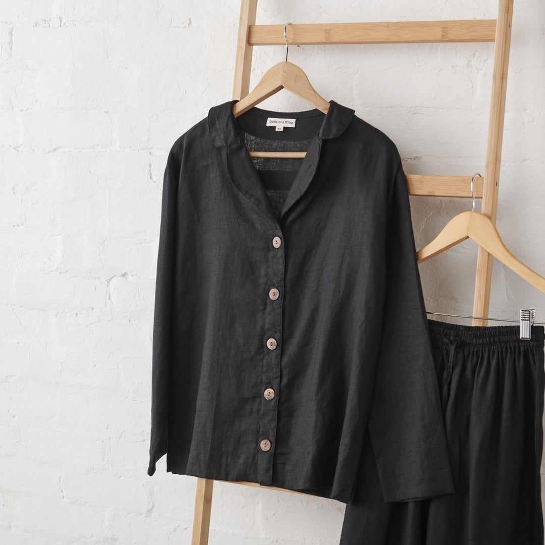 Linen Pyjama Set - Black - Pyjamas - cropped image showing button up shirt only
