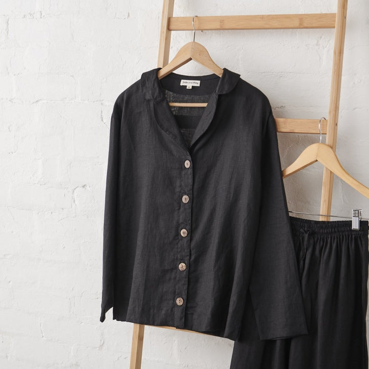 Linen Pyjama Set - Black - Pyjamas - cropped image showing button up shirt only