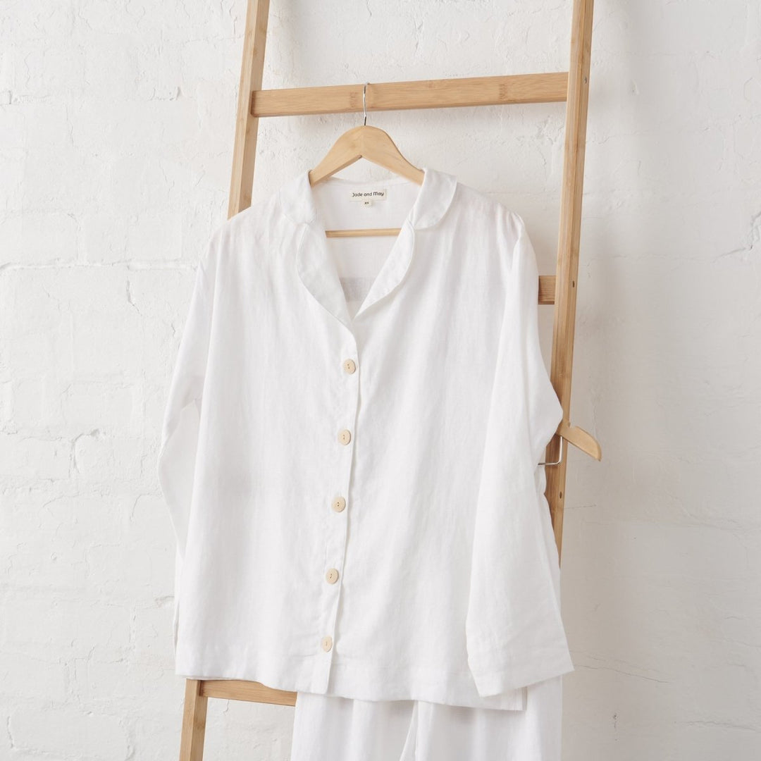 White Linen Pyjama Set - Classic Style - Pyjamas - close up of white linen button up shirt
