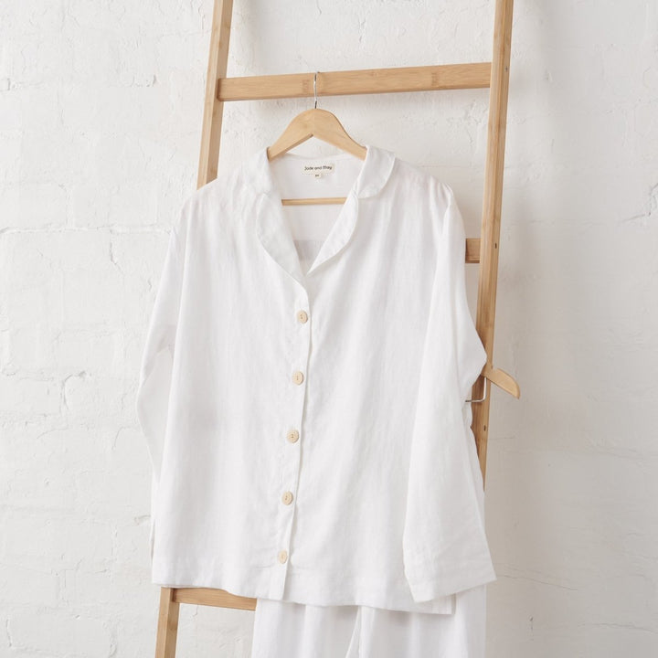 White Linen Pyjama Set - Classic Style - Pyjamas - close up of white linen button up shirt