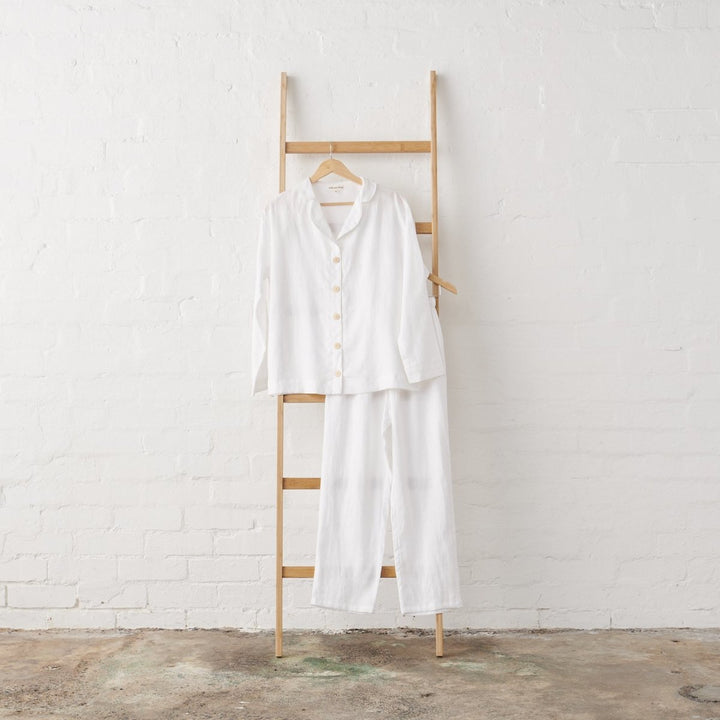 White Linen Pyjama Set - Classic Style - Pyjamas - full shot of white linen button up shirt with long pant pj set