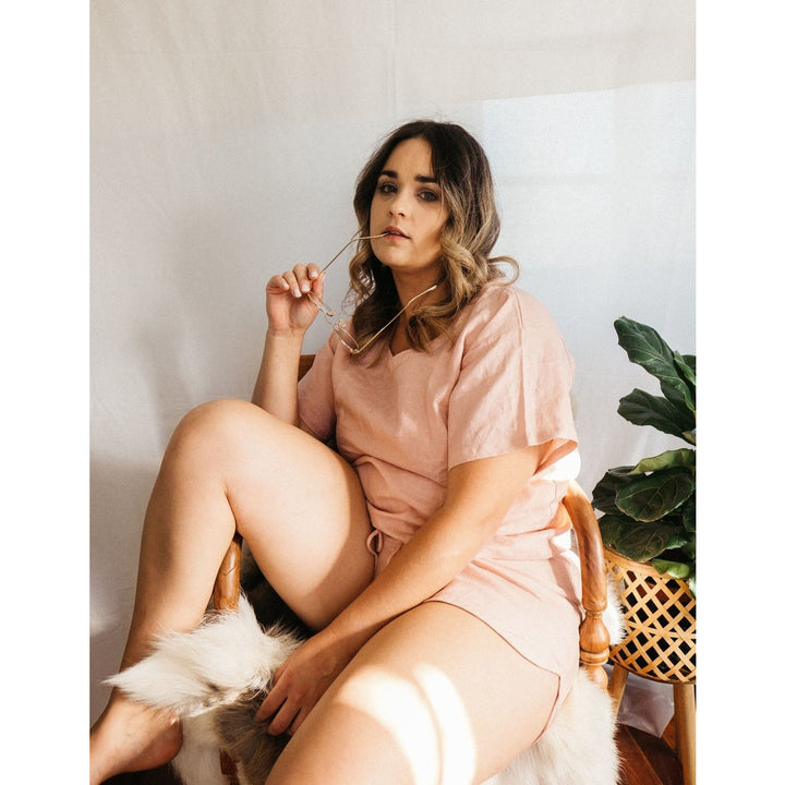 Linen Tee & Short Set in Pink - Pyjamas