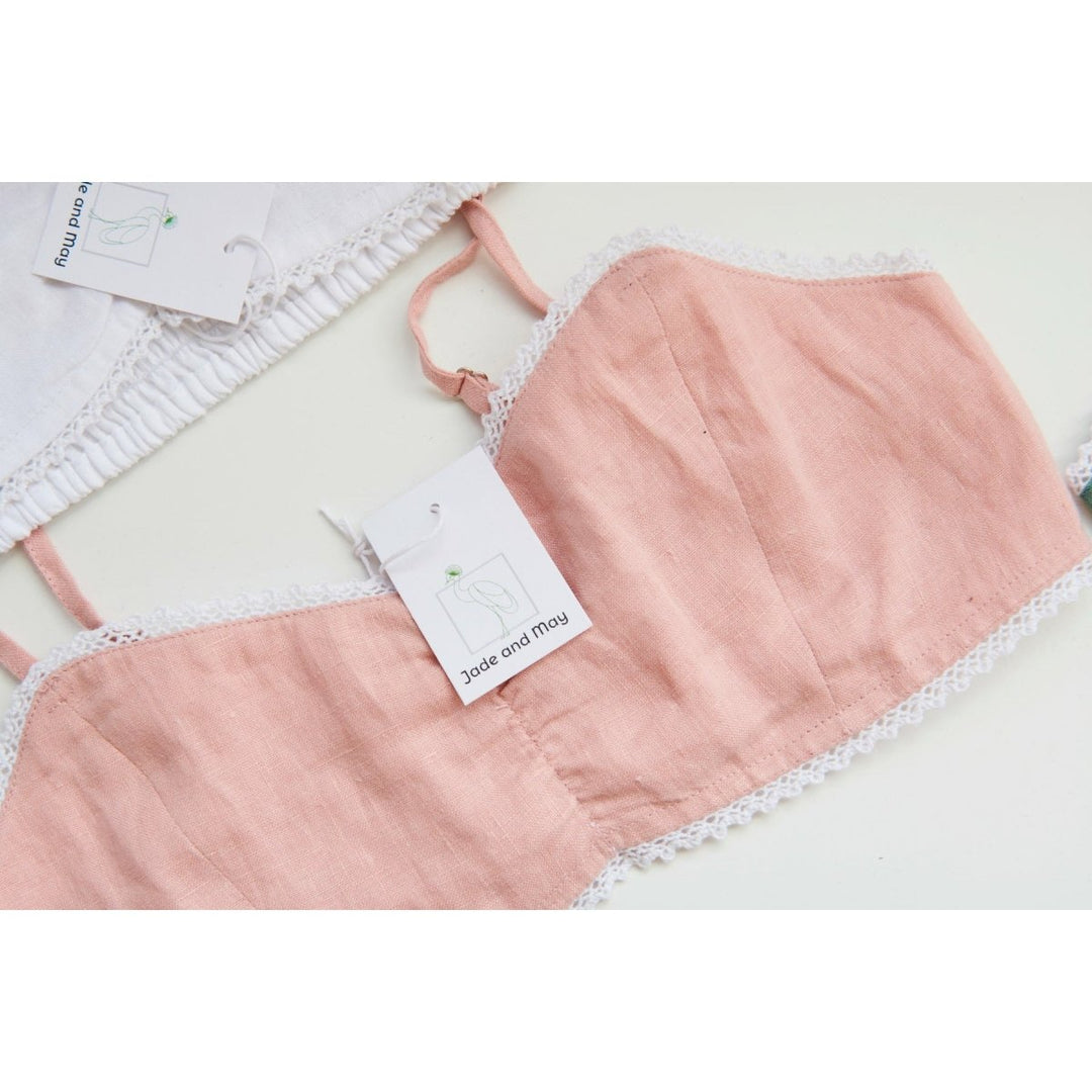 Linen Bralette in Pink - flat lay shot with close up of white lace edging - jade and may