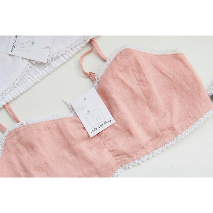Linen Bralette in Pink - flat lay shot with close up of white lace edging - jade and may
