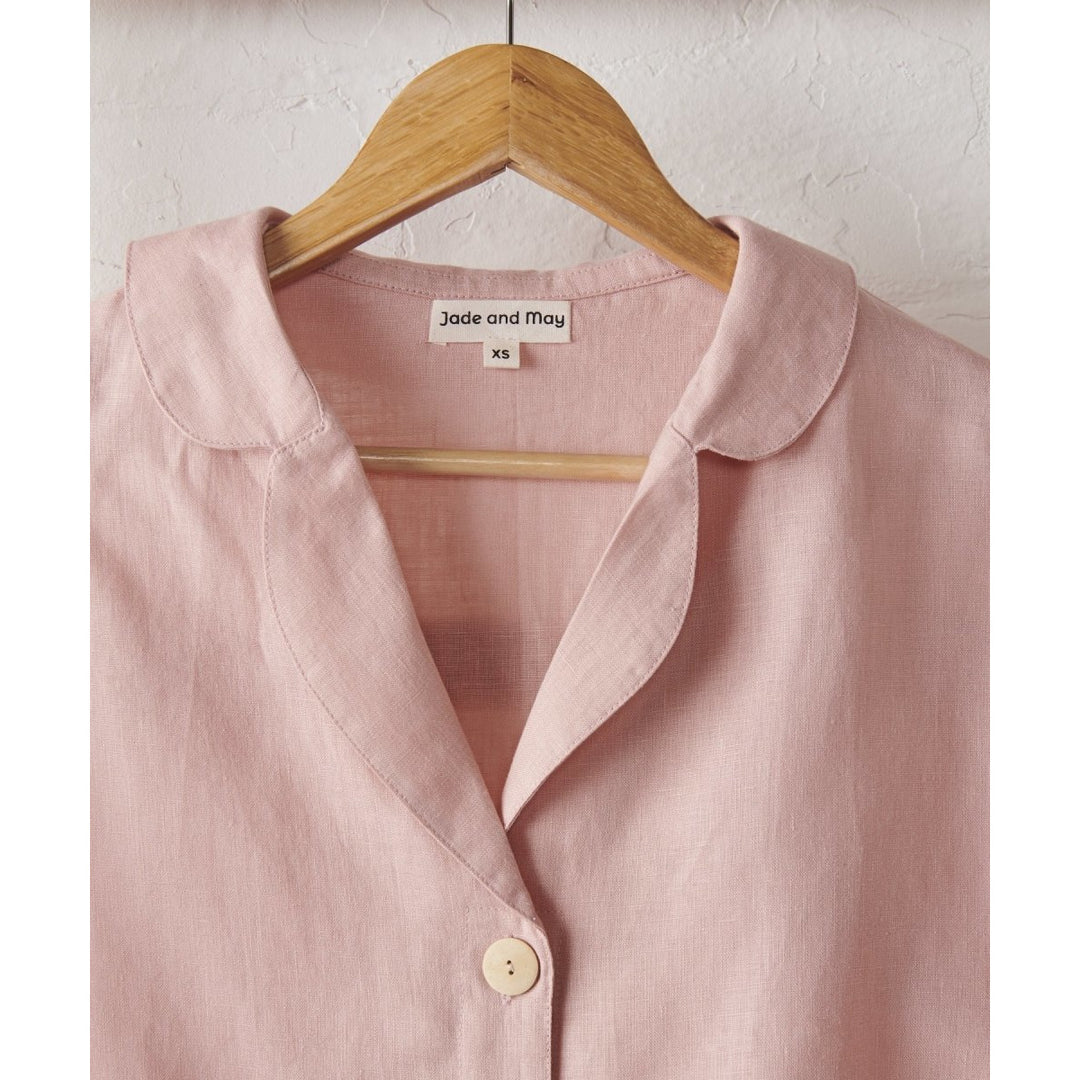 Linen Crop Button Up and Pant Set in Pink - Pajamas
