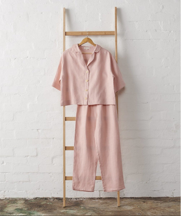 Linen Crop Button Up and Pant Set in Pink - Pajamas