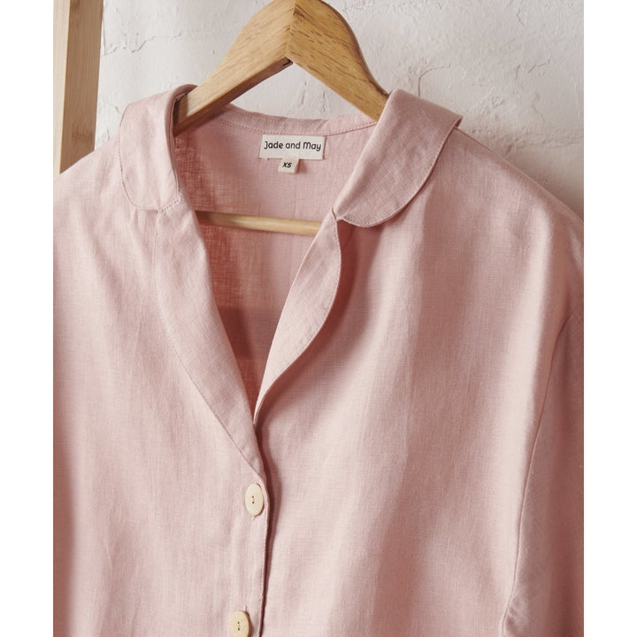 Linen Crop Button Up and Pant Set in Pink - Pajamas