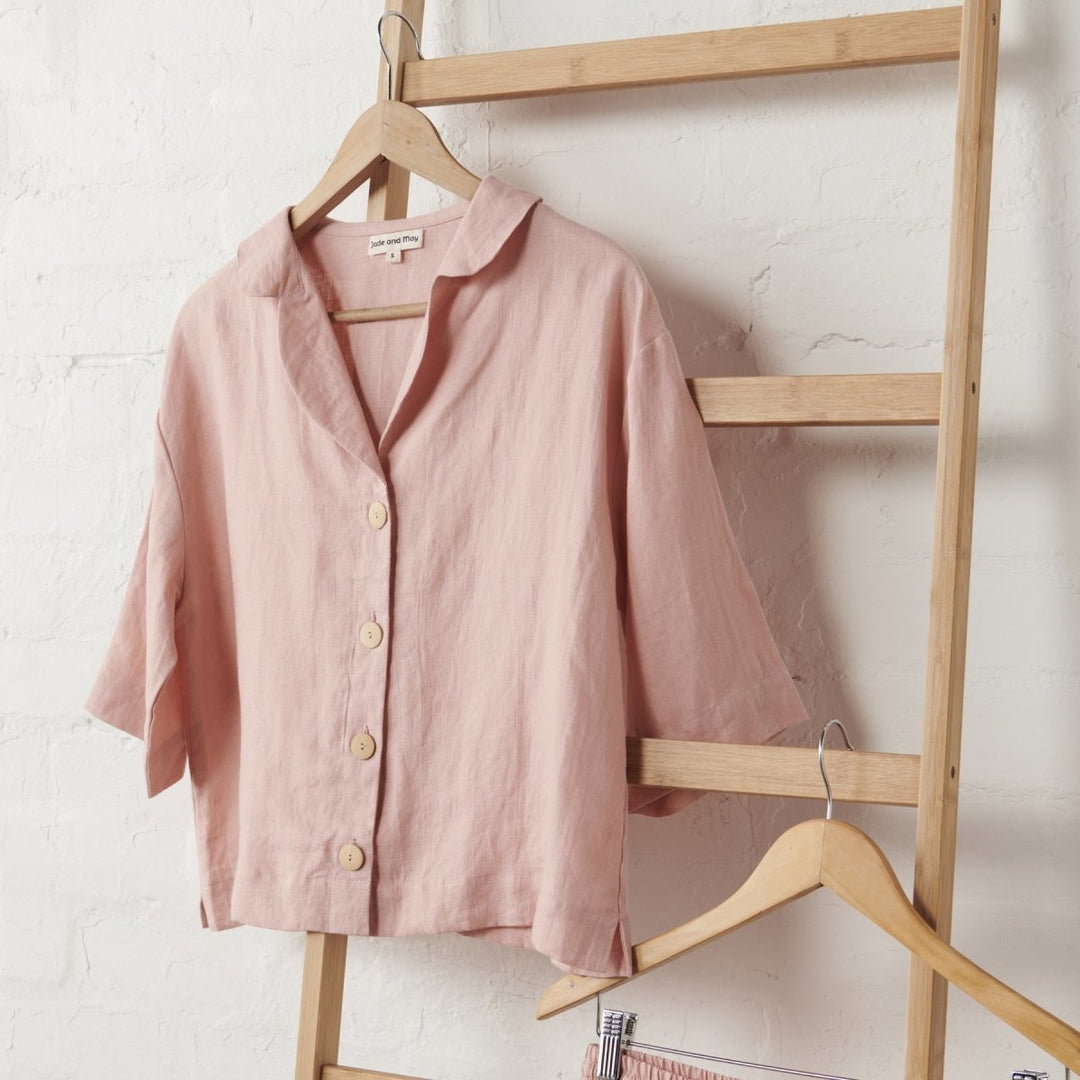 Linen Button Up and Short PJ Set in Pink - Pyjamas