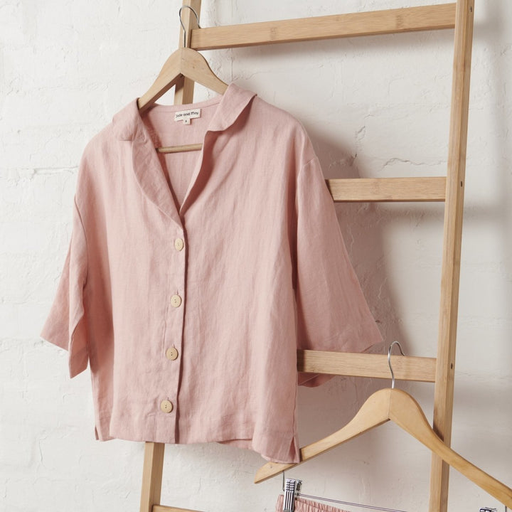 Linen Button Up and Short PJ Set in Pink - Pyjamas
