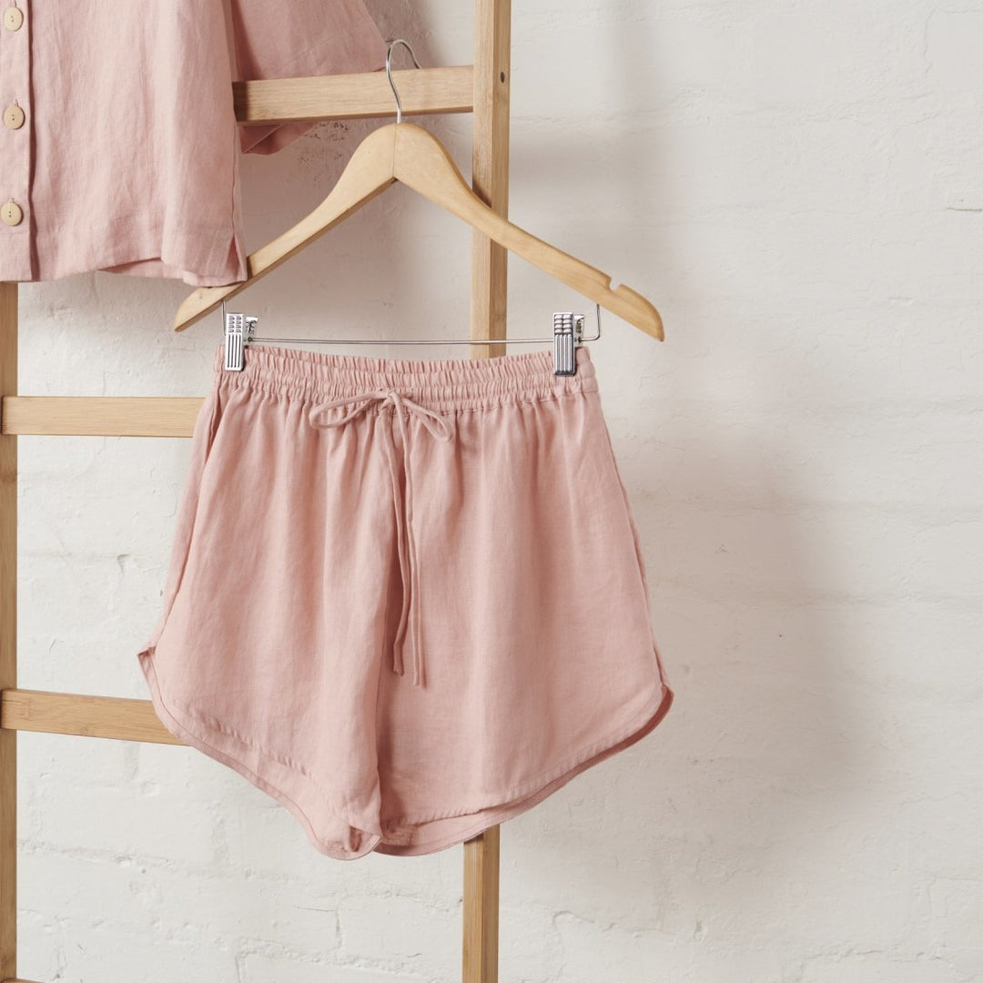 Linen Button Up and Short PJ Set in Pink - Pyjamas