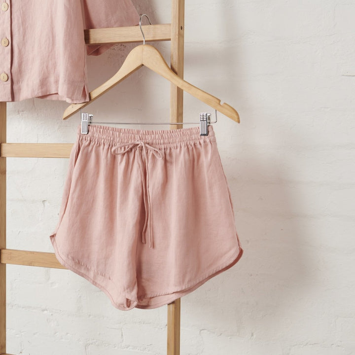Linen Button Up and Short PJ Set in Pink - Pyjamas