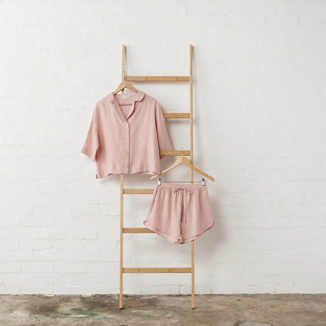 Linen Button Up and Short PJ Set in Pink - Pyjamas