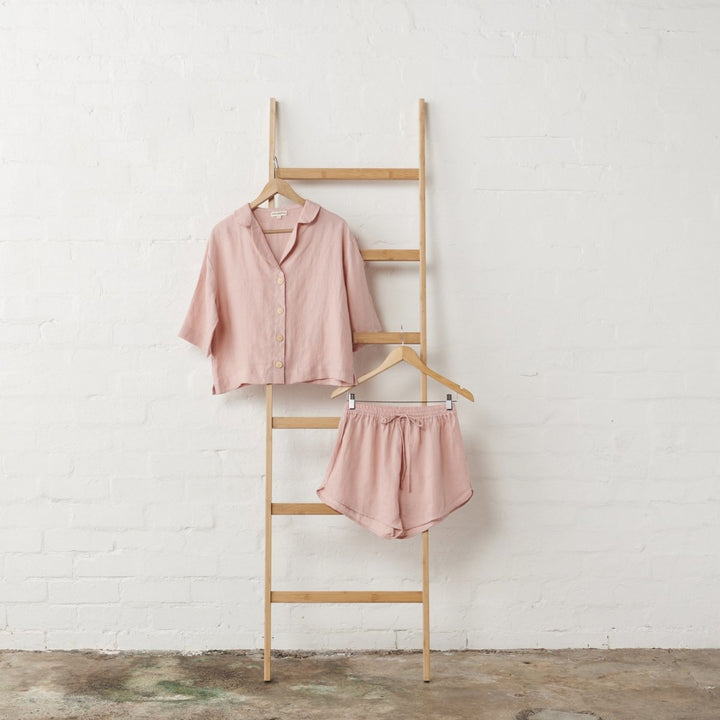 Linen Button Up and Short PJ Set in Pink - Pyjamas