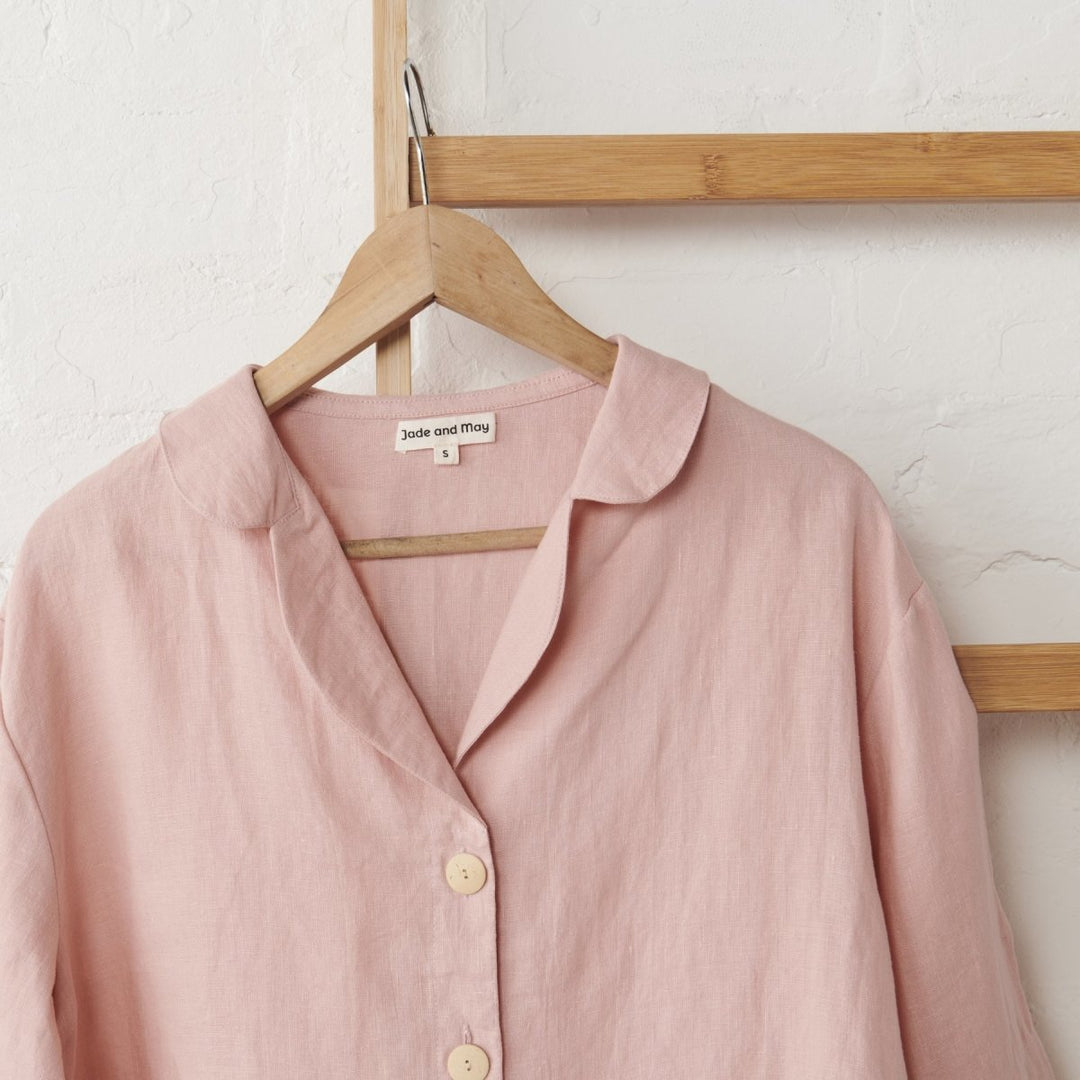 Linen Button Up and Short PJ Set in Pink - Pyjamas
