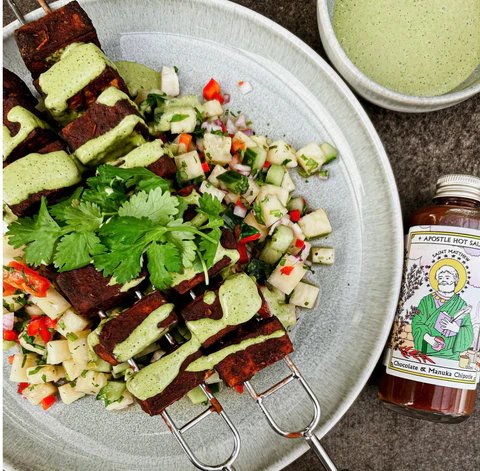 Apostle Hot Sauce Chipotle Tofu Skewers with Saint Matthew - Jade and May