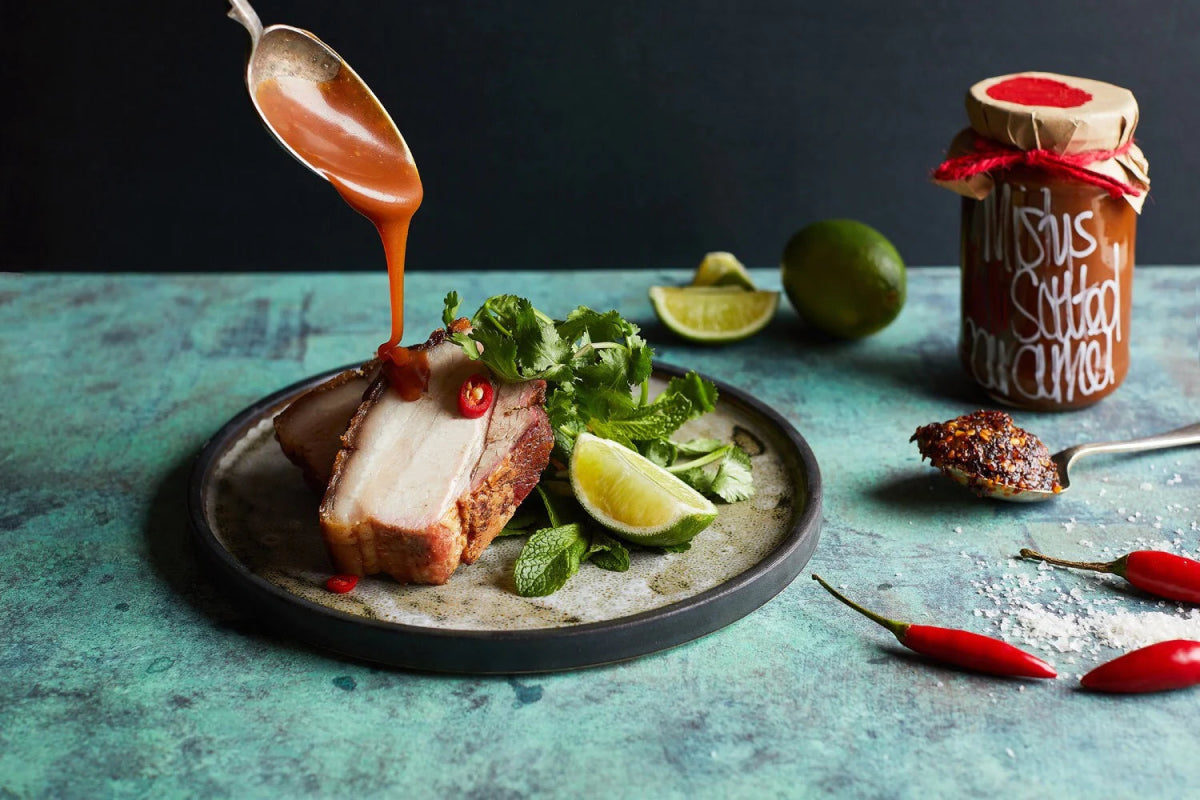 Crispy Pork Belly with Chilli Salted Caramel - Jade and May