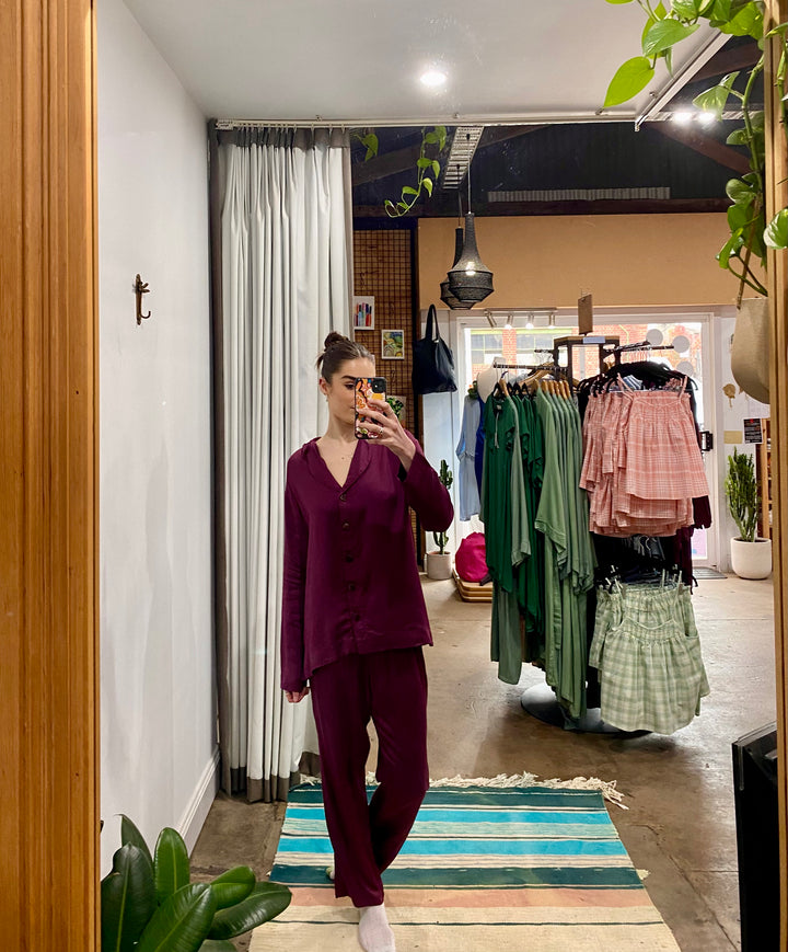 bamboo pyjama set with long button up top and pants at jade and may