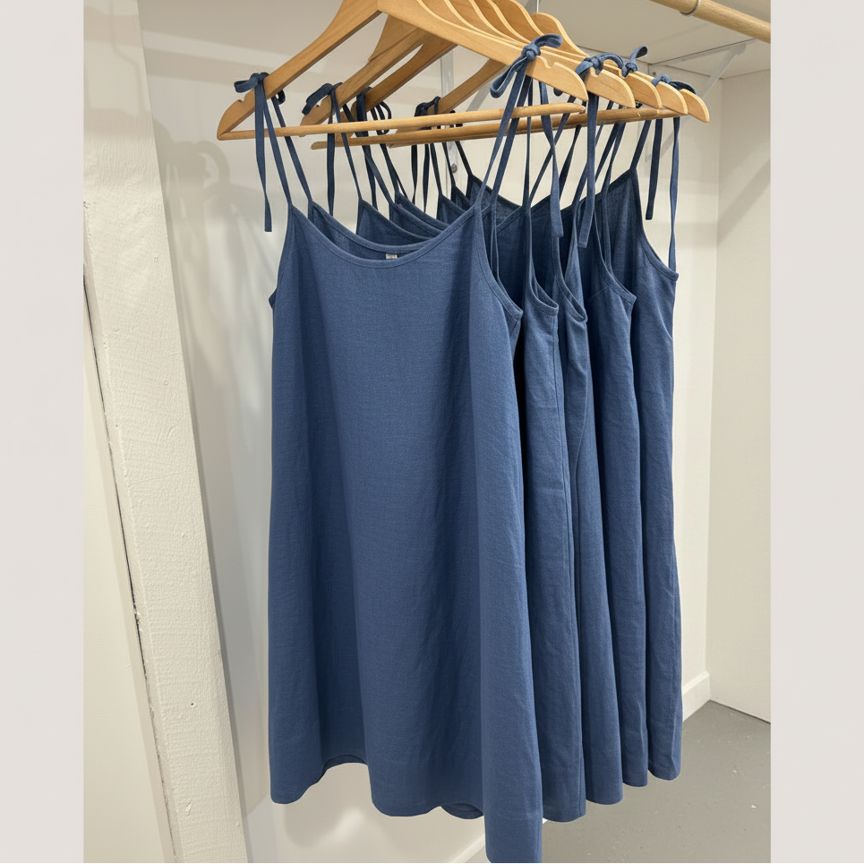 A blue linen-textured camisole dress with tie straps hanging on black hangers on a clothing rack.
