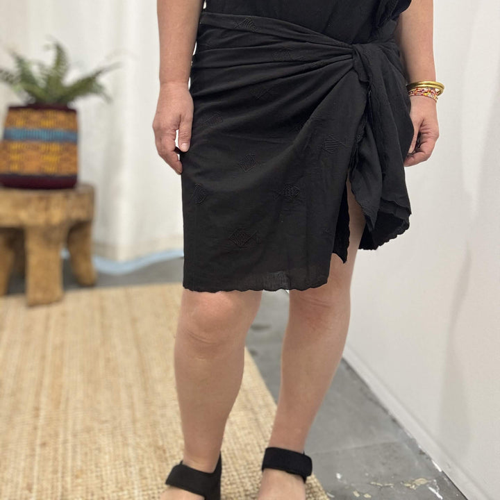 Cotton Sarong in Black with an Embroidered Fish Pattern