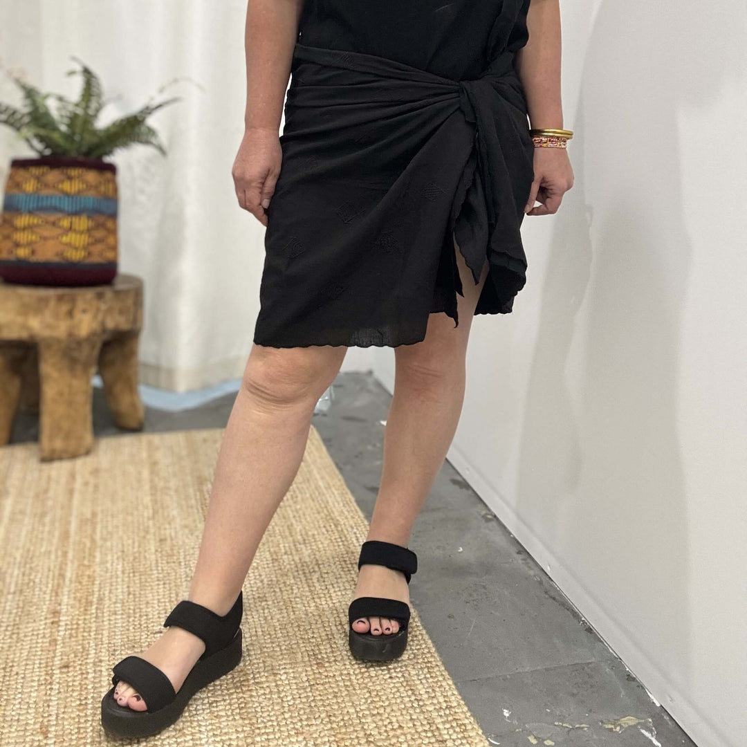 Cotton Sarong in Black with an Embroidered Fish Pattern