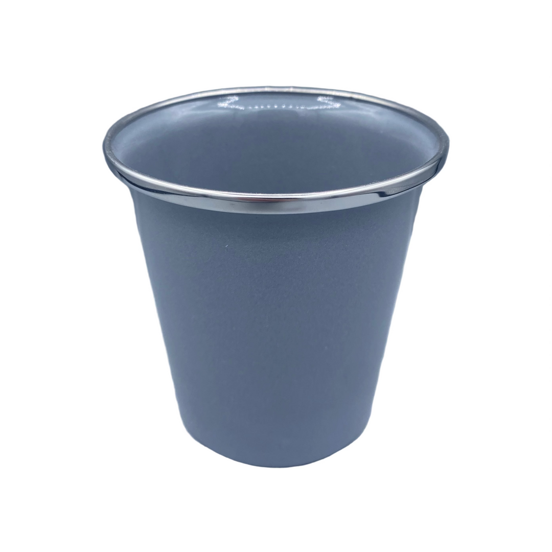 Gray cup with a silver rim on a light gray background