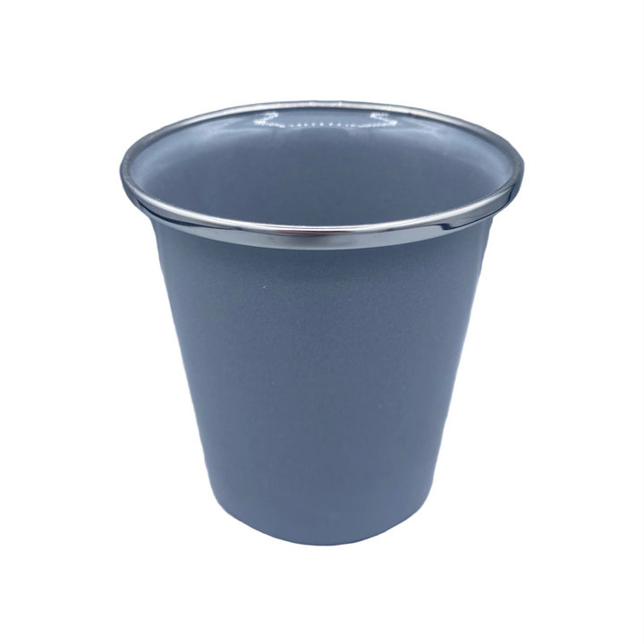 Gray cup with a silver rim on a light gray background