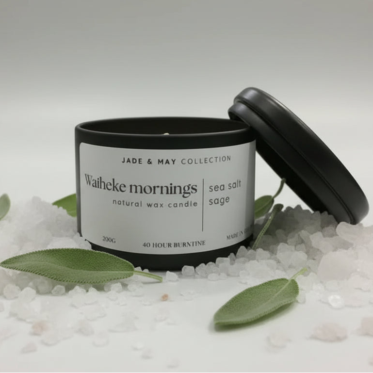 A black jar candle with its lid leaning against it on a light gray studio background. The front label reads 'Jade & May Collection', 'Waiteke mornings', and 'sea salt sage'.