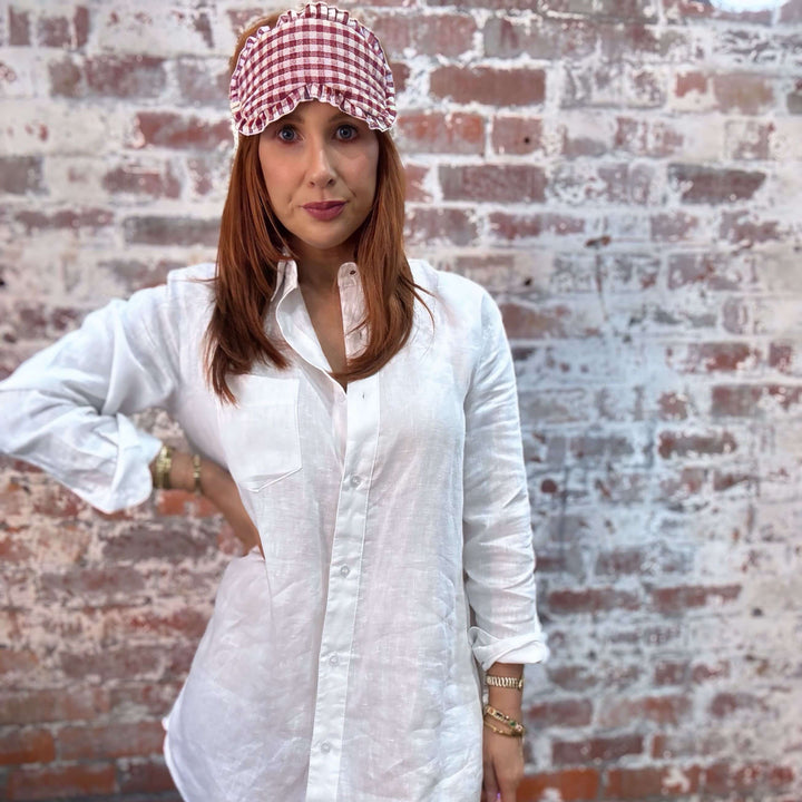 Sleep Mask in Gingham Linen with Feature Frills & Storage Bag - Sleep Mask