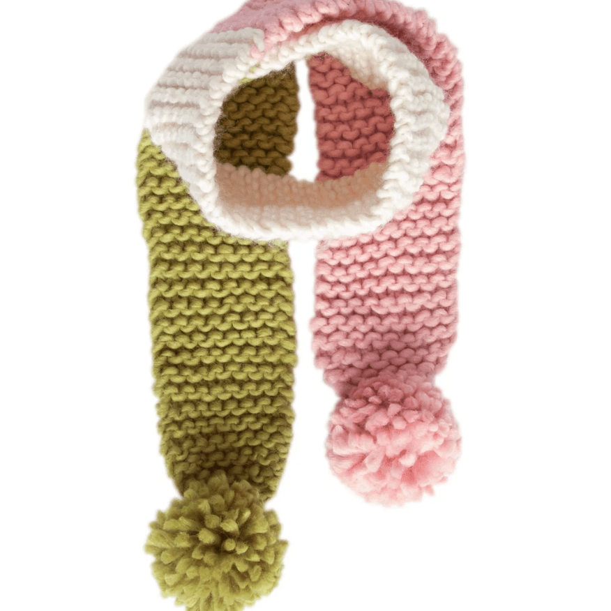 Knitted scarf with a pom-pom end in pink, green, and beige on a white background