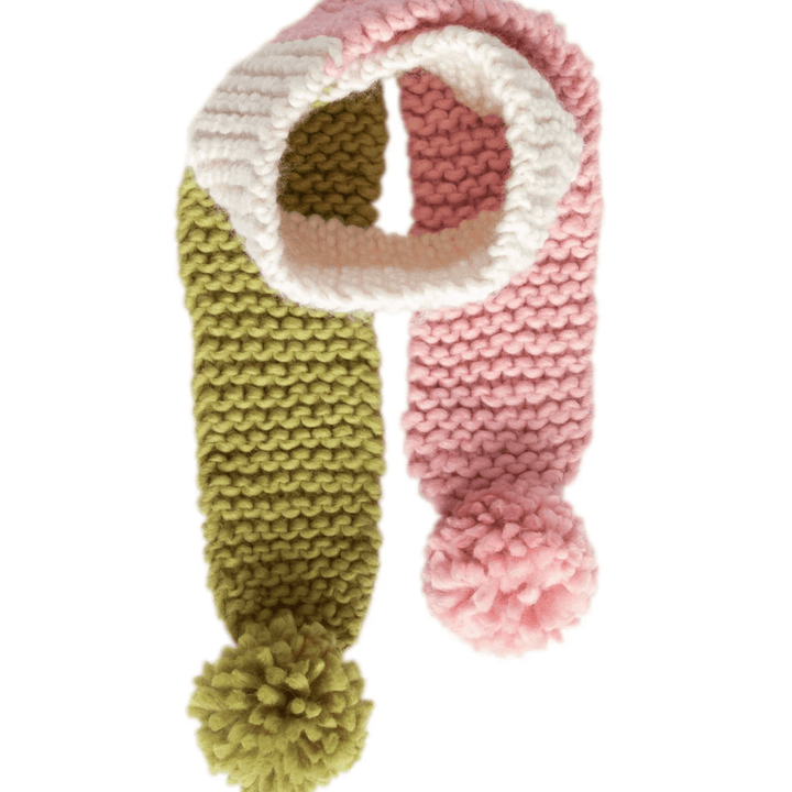 Knitted scarf with a pom-pom end in pink, green, and beige on a white background