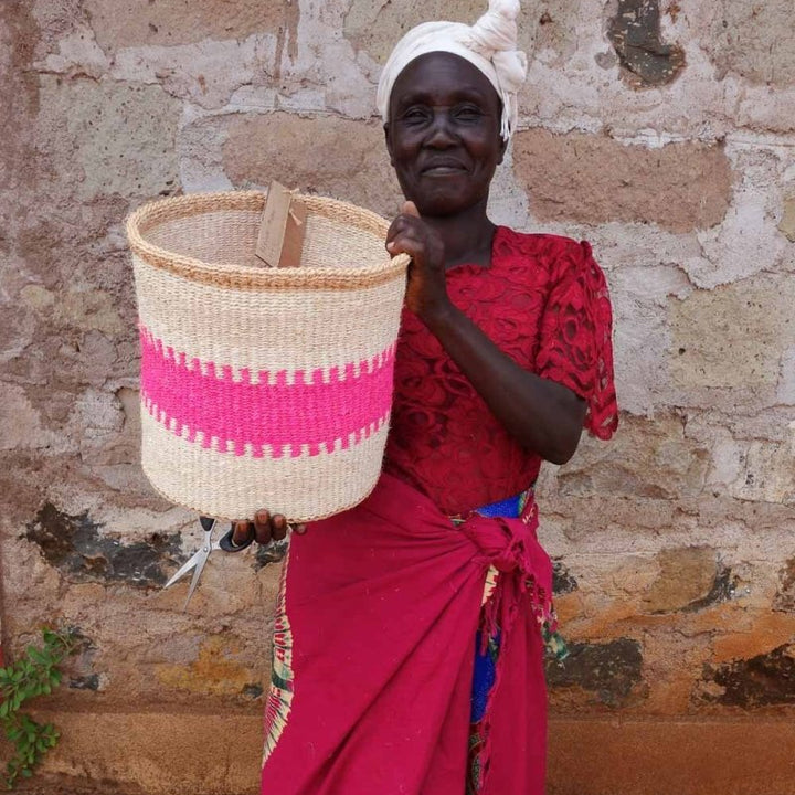 African Basket - Kuzuia: Fluoro Pink & Natural Woven Storage Basket - Baskets