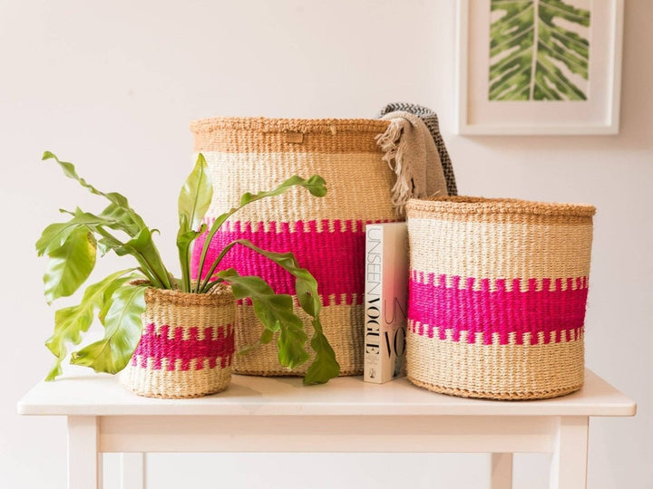 African Basket - Kuzuia: Fluoro Pink & Natural Woven Storage Basket - Baskets
