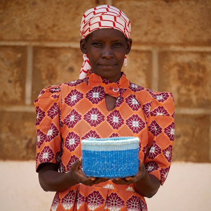 African Basket - Tofauti Two Blue Duo Colour Block Woven Basket - Baskets