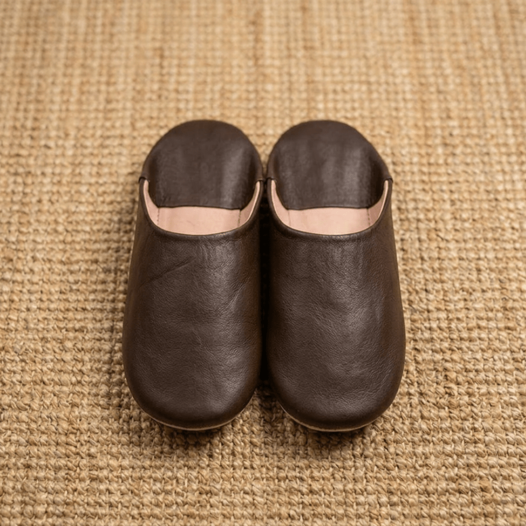 Babouche: Leather Moroccan Slippers in Chocolate Brown-Slippers-Moroccan Babouche Slippers