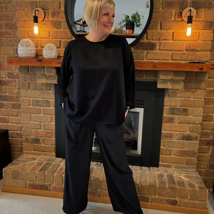 Bamboo Long Sleeve Tee &amp; Pant Lounge Set in Black - Separates - Jade and May Sleepwear
