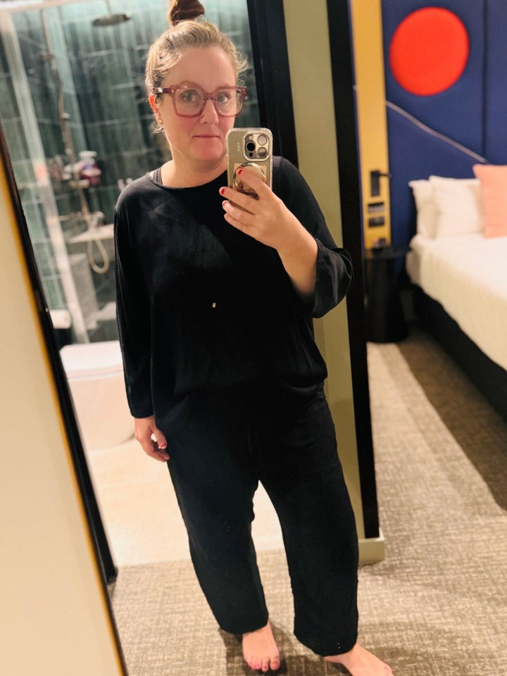 Bamboo Long Sleeve Tee & Pant Set in Black - Separates - Jade and May Sleepwear