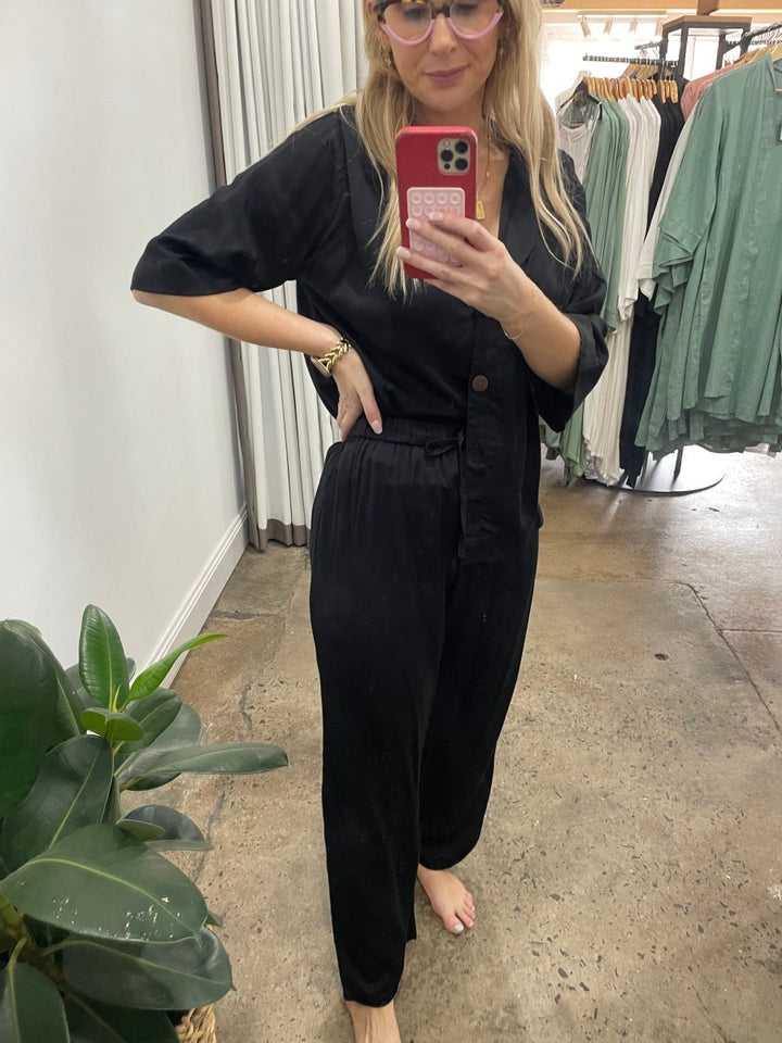 Bamboo Pyjamas - Crop Button Up + Pant Set in Black-Jade and May-Pajamas-Jade and May