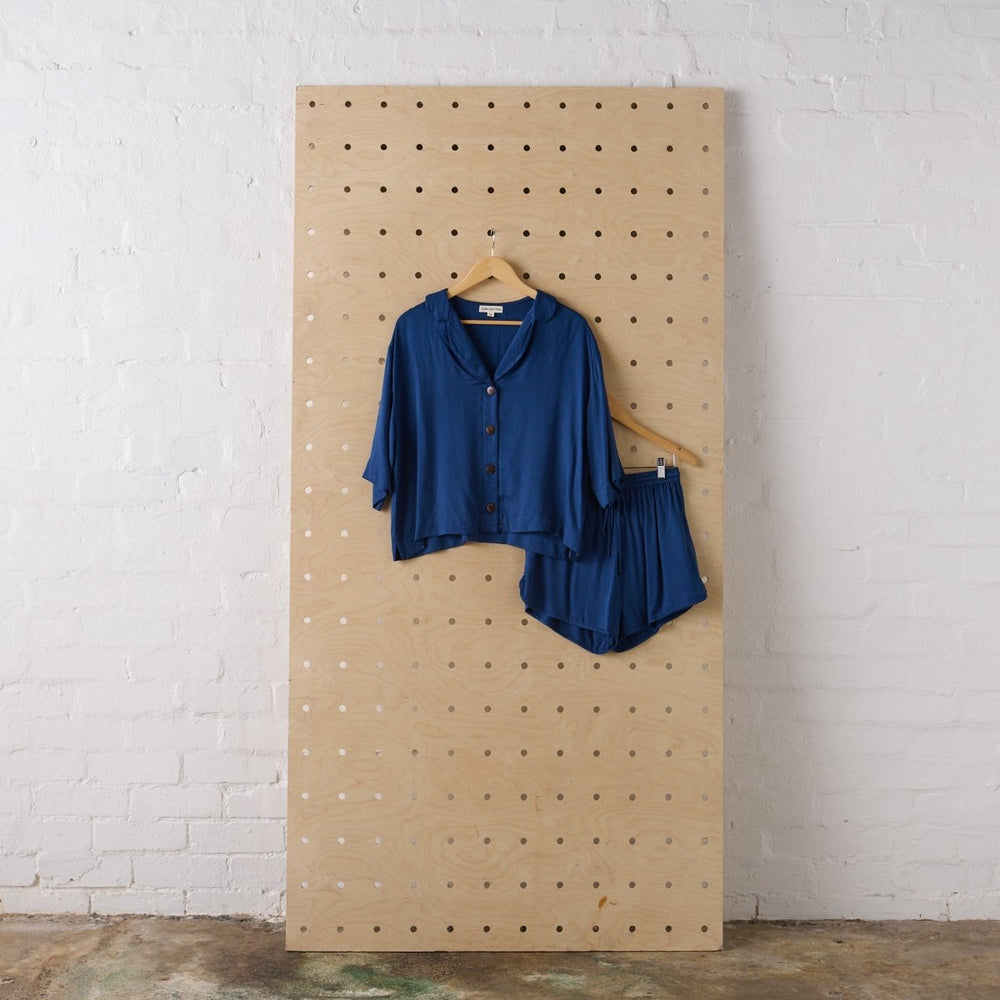 Bamboo Pyjamas - Crop Button Up + Short PJ Set in Navy - Pyjamas