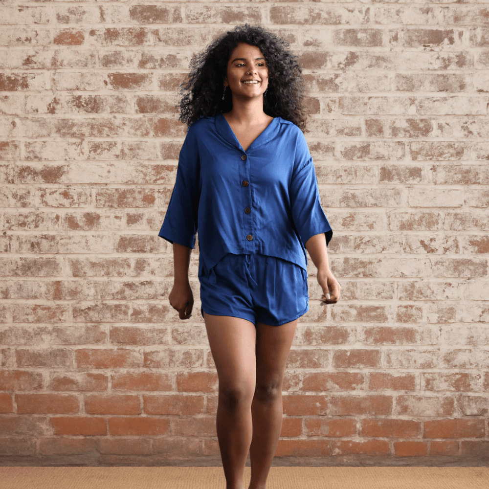 Bamboo Pyjamas - Crop Button Up + Short PJ Set in Navy - Pyjamas - Jade and May Sleepwear