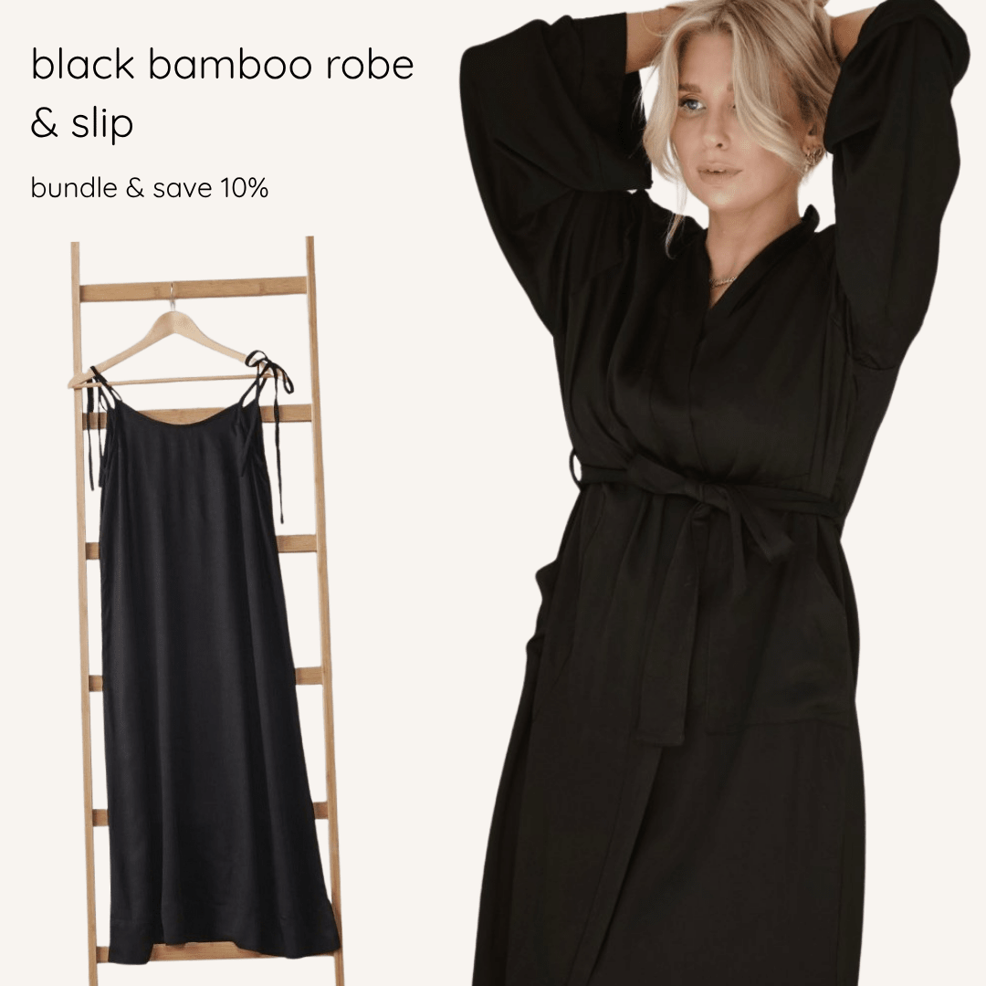 Bamboo Sleepwear Bundle - Black Bamboo Bathrobe in Long Length & Slip-Bundles-Jade and May Sleepwear
