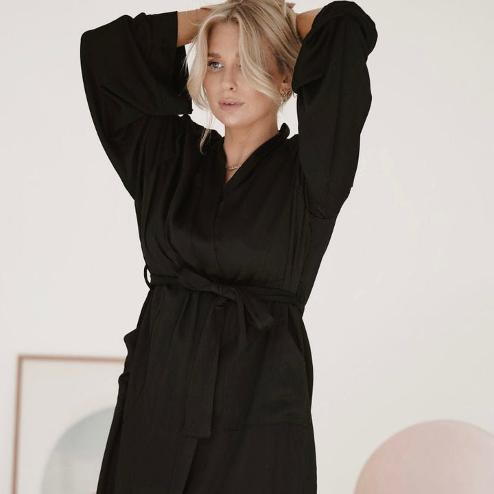 Bamboo Sleepwear Bundle - Black Bamboo Bathrobe in Long Length &amp; Slip-Bundles-Jade and May Sleepwear