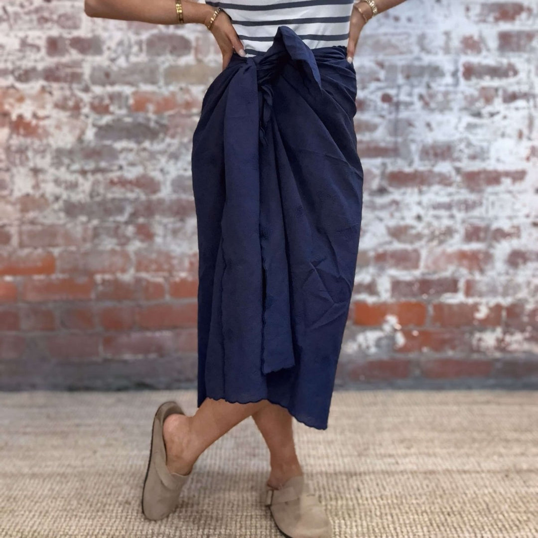 Cotton Sarong in Navy with an Embroidered Fish Pattern - Sarong