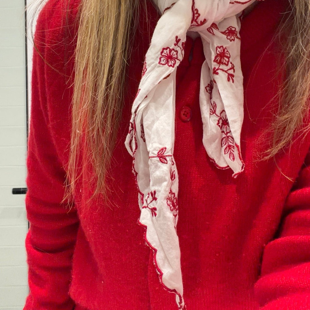 Cotton Scarf with Feature Red Floral Embroidery-Hair Accessories-Jade and May