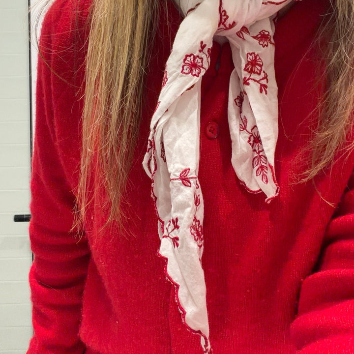 Cotton Scarf with Feature Red Floral Embroidery-Hair Accessories-Jade and May