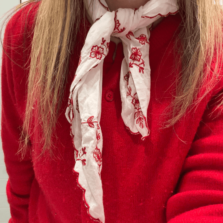Cotton Scarf with Feature Red Floral Embroidery-Hair Accessories-Jade and May